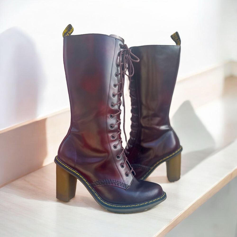 Dr. Martens women Louise Burgundy Mid Calf Lace-up, Heeled Combat Boots size 8